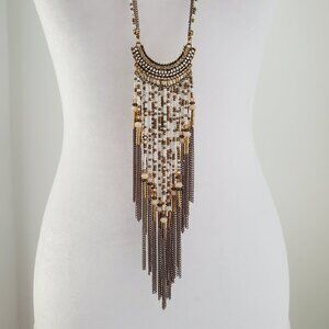 ICING Long Beaded Fringed Chain Bib Boho Necklace Bronze & White Gold Tone